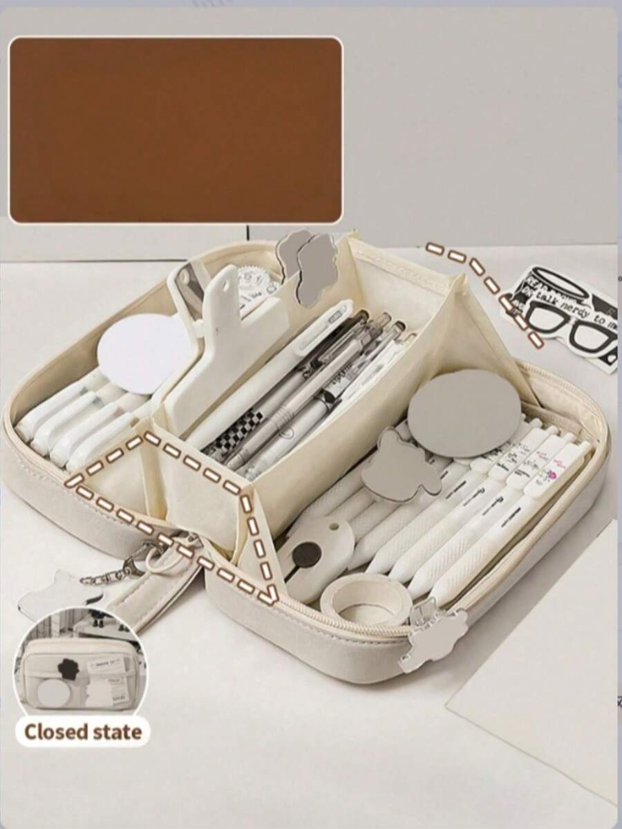 Large Capacity Pencil Case, Multi-Compartment Stationery Storage Bag With Transparent Window, Portable Desktop Organizer, Aesthetic Multi-Layer Design Makeup Bag, Suitable For Office, Travel And Daily Use, Back To School Gift - Multicolor - View 1
