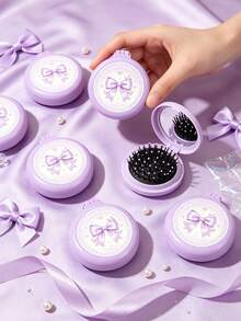12/6/1pc Purple Lace Bow Print Sticker Style Mini Folding Air Cushion Mirror Comb, Portable Round Hair Brush With Massage Scalp Head, Ideal Party Favor Gift For Gender Reveal Party, Baby Shower Party, Guest Return Gift - Multicolor - View 2