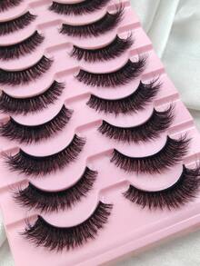 10 Pairs Faux Mink Fluffy Russian Volume Curly False Eyelashes Cat Eye Corner Lift Suitable For Beginners, Reusable Strip Lashes,Lashes,Eyelashes,Fake Lashes - Black - View 7