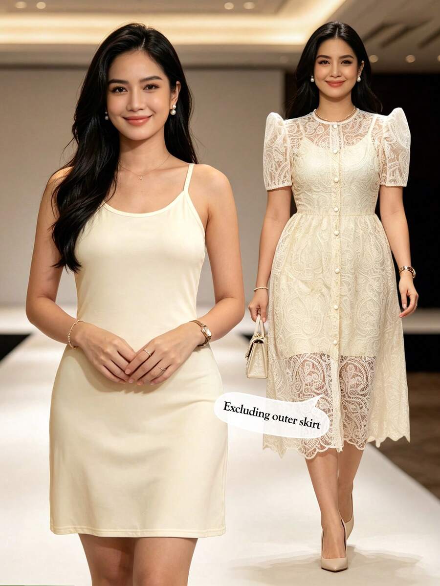 1pc Solid Color Women's Spaghetti Strap Dress, Without Outer Layer - Champagne - View 1