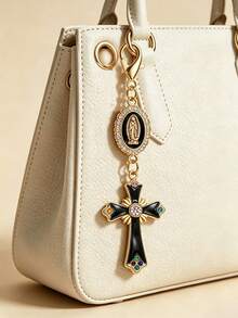 Vintage-Style Rhinestone And Enamel Cross Amulet Keychain Featuring A Virgin Mary Pendant; Suitable As A Bag Charm, Car Key Accessory, Or Holiday Gift - Multicolor - View 5