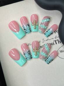 10pcs/Set Y2K Nails Handmade, Cute Nails, Pink Nails, Blue Nails, Rhinestone Nails & Blue French Tip Nails, Stripe Nails, Perfect For Parties & Daily Wear. Square Nails. Handmade Press On Nails Square, Short Acrylic Nails, Fake Nails, Handmade Nails - Multicolor - View 11