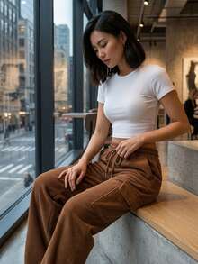 PANTALON DE PANA TIPO CARGO PARA MUJER - Marrón - Ver 3
