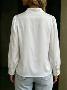 Plus Size Women's Solid Color Lapel Blouse With Fashion Pearl Buttons, Lantern Sleeve Top - White - View 3