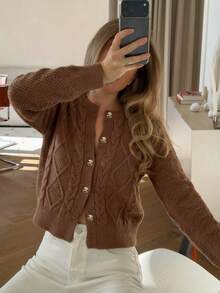 Women Fall Winter Brown Knit Cardigan, Round Neck Button Front Long Sleeve Casual Coat For Daily Wear & Date Outfits - Brown - View 1