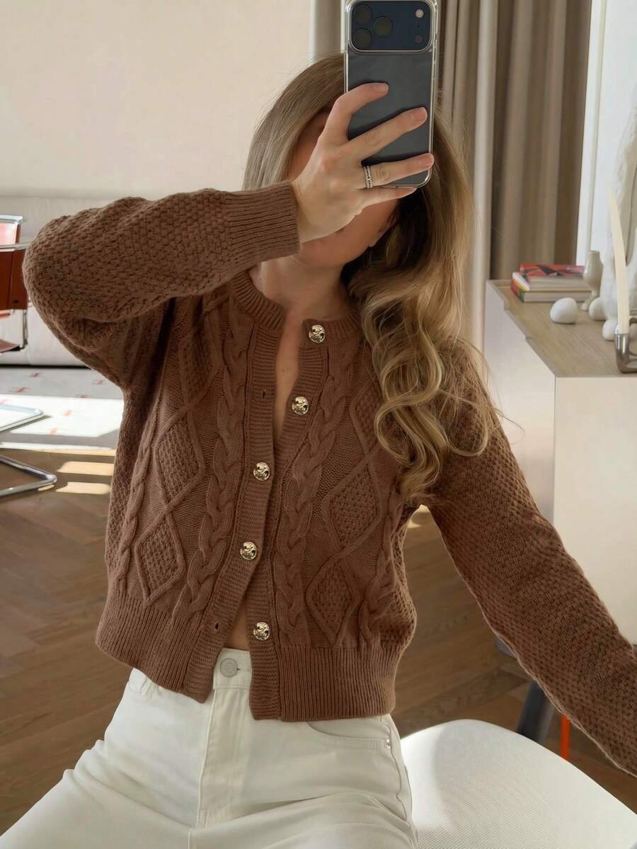 Women Fall Winter Brown Knit Cardigan, Round Neck Button Front Long Sleeve Casual Coat For Daily Wear & Date Outfits - Brown - View 1
