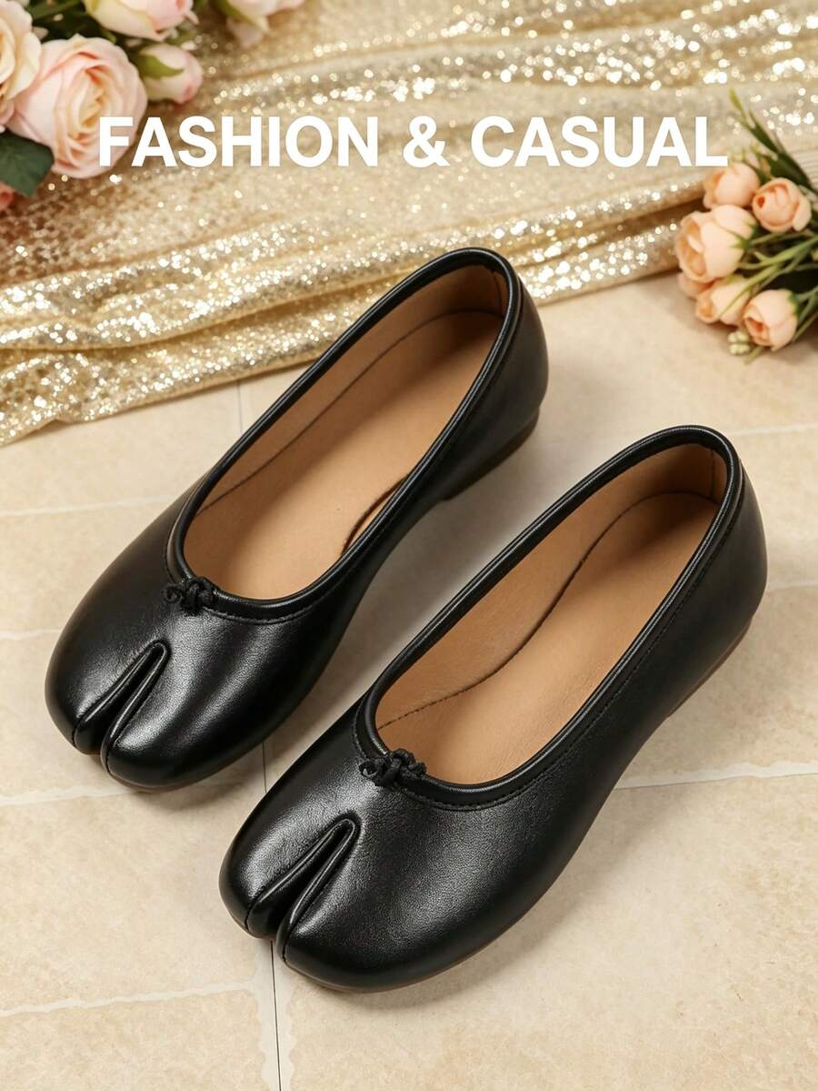 Women's Comfortable Split Toe Flat Loafers, Minimalist Versatile Commuter Daily Spring/Autumn Style - Black - View 1