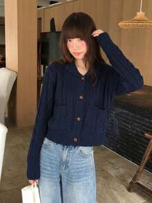 Autumn/Winter Soft & Sweet Knitted Sweater, Retro Cable Knit High-Quality Pullover For Women - Navy Blue - View 1