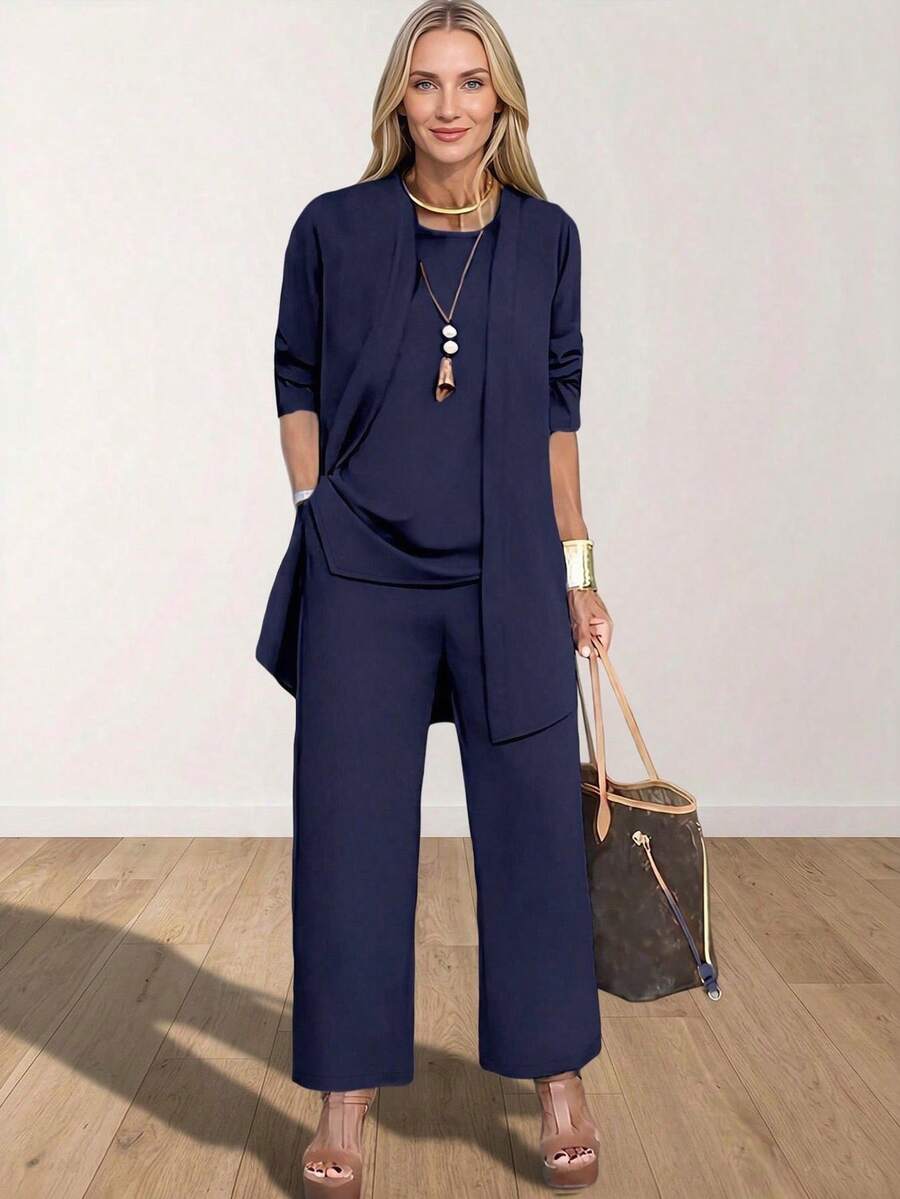 1 Set Solid Color Round Neck 2 In 1 Long Sleeve Top And Pocket Pants Casual Suit Elegant - Navy Blue - View 1