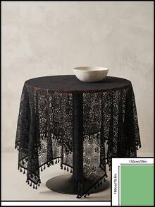 1pc Black Geometric Hollow Lace Tablecloth, French Vintage Style Lace Fabric Material, Round Tassel Edge And Exquisite Hollow Floral Pattern Detail Decoration, Beautification And Dust-Proof Function, Suitable For Daily Home And Vintage Dining Table Arrangement - Black - View 21