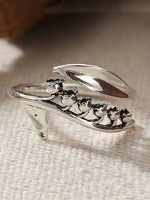 Vintage Elegant Floral Silver Handmade Women's Open Ring, Fashionable Unique Jewelry Accessory - Antique Silver - View 7