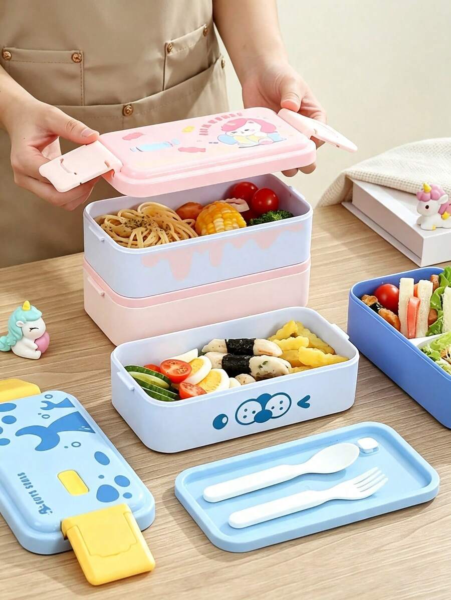 Cartoon Print Lunch Box, Double-Layer Sealed Meal Container With Buckle Lock, Suitable For Office Simple Meals, Cute Food Storage Container - Multicolor - View 1