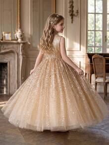 Girls' Champagne Color Sequin Elegant Dress, Tulle Ball Gown For Birthday Wedding Evening Party - Champagne - View 7