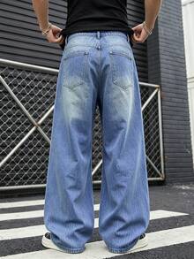 1pc Men's American Style Angel Wings Embroidered Wide Leg Loose Blue Streetwear Jeans - Blue - View 2