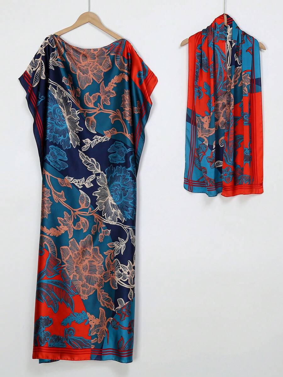 Floral Print Satin Kaftan Set With Matching Patterned Headscarf, Loose Vacation Style Robe - Multicolor - View 1