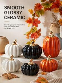 Elegant Decorative Ceramic Pumpkin Ornament Set, Gold-Plated Stem, Multiple Sizes (Small/Medium/Large), Orange And White, Suitable For Living Room, Study, Desktop, Home Decor, Halloween - Multiple Styles - View 3