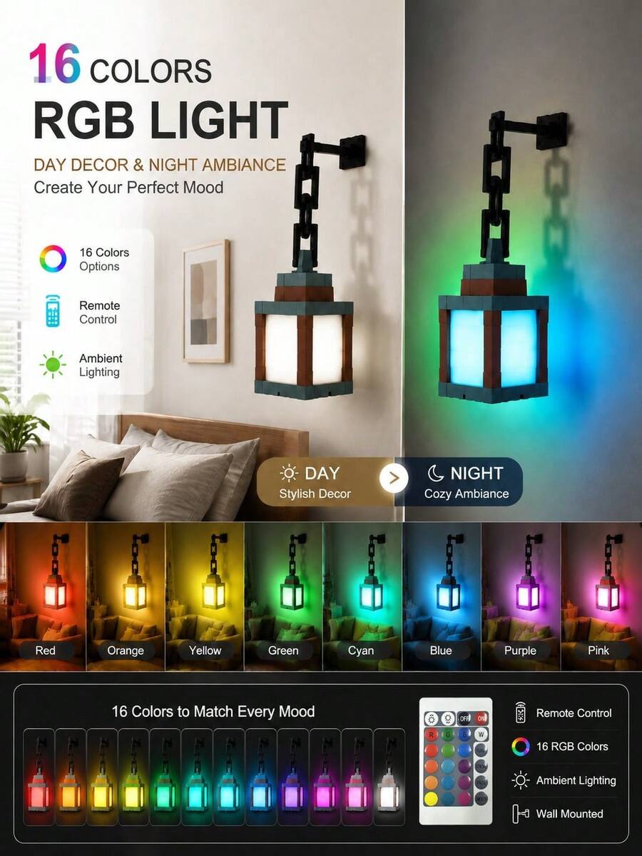 Pixel Lantern Night Light - 16 Color LED Wall Atmosphere Night Light With Remote Control - Rechargeable Night Light, Desktop Lamp, Cosplay Bedside Lamp For Room Decor