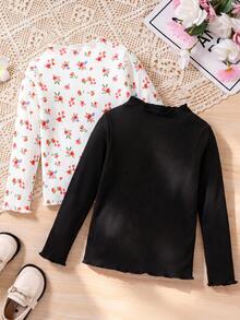 2pcs/Pack Girls' Casual Everyday Fashion Solid Color Ribbed Floral Print Frill Trim Long Sleeve Knit Tops, Spring/Autumn - Multicolor - View 2