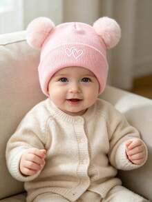 Heart Embroidery Double Pom Pom Baby Knitted Hat, Cute Baby Woolen Hat, Fashionable Versatile Ear Protection Hat - Multicolor - View 3