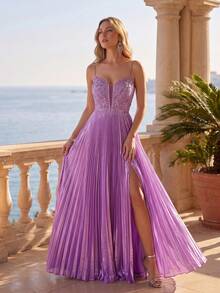 Lvnes Lavender Pleated Embroidered Patchwork High Slit Ball Back To School Evening Gown - Lilac Purple - View 2