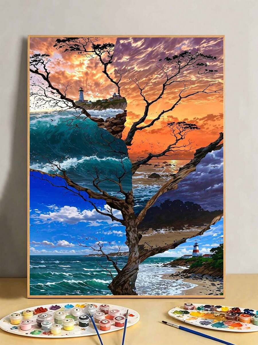 مجموعة الرسم بالأرقام DIY شجرة المنارة السريالية (بدون إطار 8x12 / 16x20 بوصة) (أكريليك) فنون وحرف يدوية للمبتدئين البالغين، ديكور جدران المنزل، وهدايا إبداعية للعطلات للديكور الداخلي - أطقم - مشاهدة 1