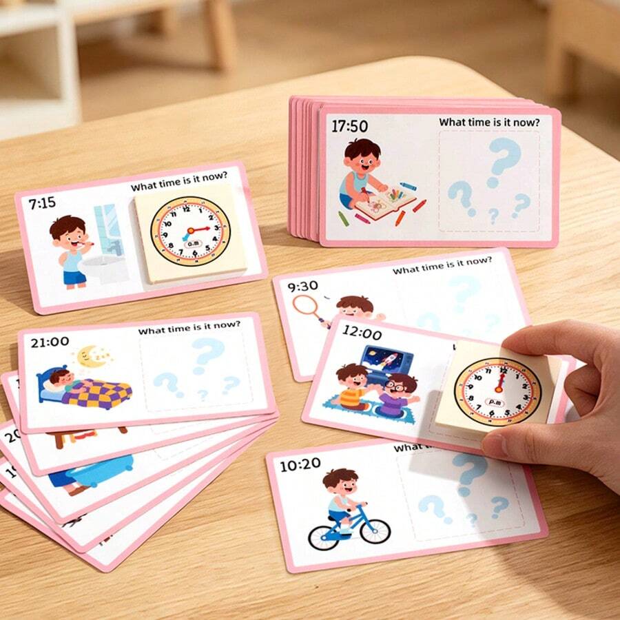 Back To School Children's Educational Wooden Time Matching Clock Cognition Teaching Toy, 1st Grade Clock Time Matching Cognition Learning Cards Toy, Christmas Holiday Gift