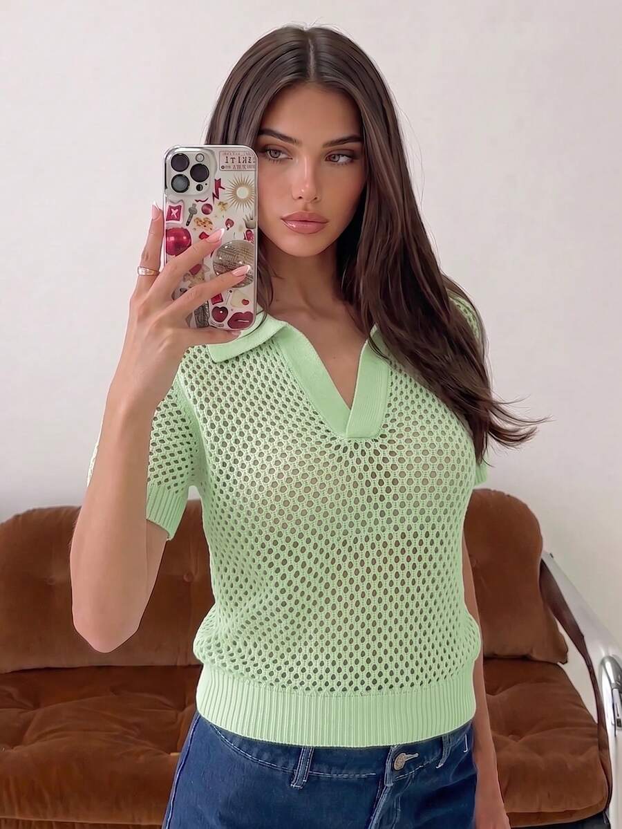 Solid Color Semi-Transparent Mesh V-Neck Collared T-Shirt, Elegant & Sexy, American Style Versatile For Commute & Date, Short Sleeve Top, Summer - Green - View 1
