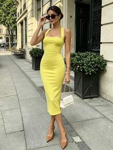 Women's Solid Color Elegant Mid-Length Dress, Light-Colored Fabric Slightly Sheer, Suitable For Daily Wear, Parties And Dating Occasions - Yellow - View 1