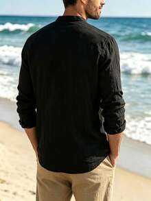 Men's Stand Collar Henley Long Sleeve Pure Black Linen Casual Beach Loose Lightweight Breathable Vacation Pullover - Black - View 9