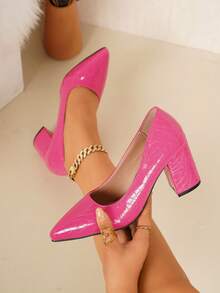 WTKMRSSTEP Fashion Pointed Toe Chunky Heel High Heel Pumps Women Shallow Slip-On Commute Versatile Fashion Shoes - Hot Pink - View 1