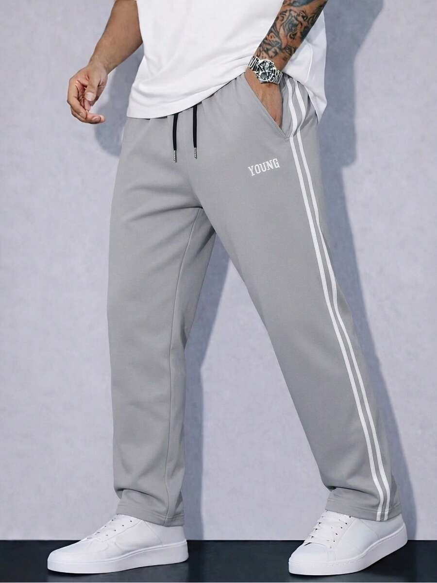 Men's All-Season Casual Sports Long Pants, Drawstring Waist + Straight Leg, Side 3D Line Design, Autumn Style - Light Grey - View 1