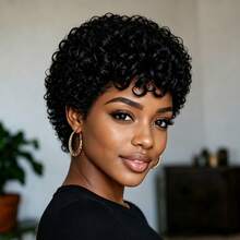 Short Elfin Cut Human Hair Wig For Women Short Afro Curly Wave Human Hair Wig With Bangs Remy Peruvian Human Hair Wig Elastic Net Full Machine Made Black Colored Human Hair Holiday Wear Party Wear Music Festival - Natural Black - View 4