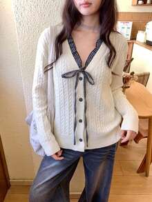 Women's Small Plaid Lace-Up Colorblock Knitted Sweater, V-Neck Single-Breasted Cable Knit Cardigan, Autumn/Winter New Style - White - View 5