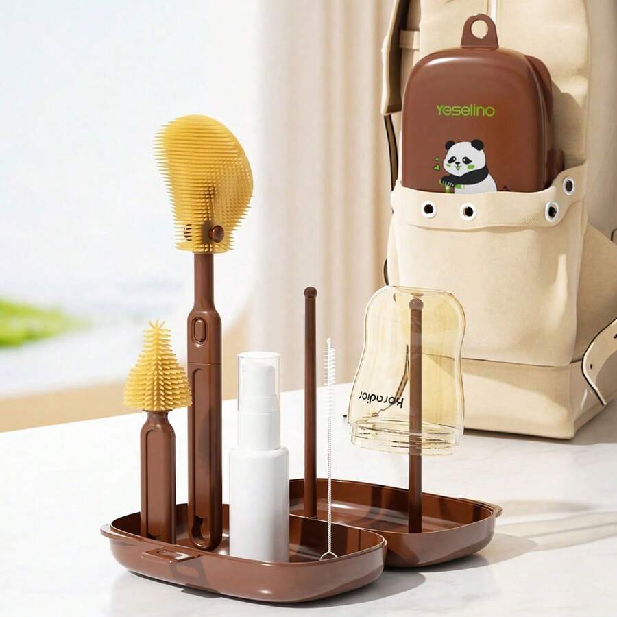 Portable Baby Bottle Brush Set, Includes Bottle Brush, Nipple Brush, Straw Brush, Drying Rack And Storage Box, Suitable For Travel Or Outings - Brown - View 1