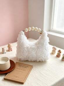 Sweet Floral Lace Hobo Bag, Faux Pearl Beaded Handle Mini Clutch, Cute Sweet Evening Party Handbag - Multicolor - View 8