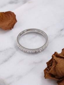 1pc Stainless Steel 18K Gold Plated Luxury Single Row Full Circle Rhinestone Ring, Exquisite Sparkling Texture, Suitable For Dress, Shirt, Commute Outfit, Simple Versatile Hand Accessory - Single Row Full Circle Rhinestone Ring - View 5