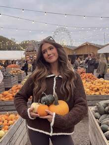 Women's Plush Turn-Down Collar Button-Up Cardigan Knit Jacket, Loose Sweater Coat, Suitable For Autumn/Winter Thanksgiving And Christmas - Coffee Brown - View 4