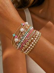 26pcs Bohemian Style Handmade Beaded Stretch Bracelet Set, Multi-Layer Stackable Bracelets, Suitable For Women's Daily, Vacation, Party Wear (Bead Color Arrangement Random) - Multicolor - View 3