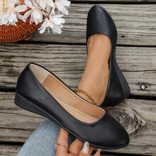 Women's Simple Versatile Round Toe Slip-On Plain Wedge Heel Shoes - Black - View 5