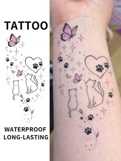 Minimalist Line Cat & Butterfly Temporary Tattoo Stickers, Paw Print, Heart, Star Elements Fake Tattoo, Waterproof Long-Lasting Adult Body Art Stickers, Exquisite Pet Theme Tattoo, Suitable For Wrist, Forearm, Ankle, Collarbone, Ideal Gift Choice, Her Gift, Suitable For Holidays, Weddings, Vacations, Party Gifts, Perfect For Fashion Body Art, Fashion Accessories | Artistic Tattoo
