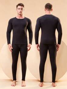 Men's Winter Thermal Lined Thermal Underwear Set, Soft Warm Crew Neck Long Sleeve Top + Long Pants, Solid Color Elastic Fabric, Seamless Comfortable Heat Retention, Home Wear Base Layer Thermal Set - Black - View 3