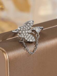 1pc Fashionable Exquisite Copper Inlaid Zirconia Butterfly Ring Women's Jewelry Gift - Silver - View 4