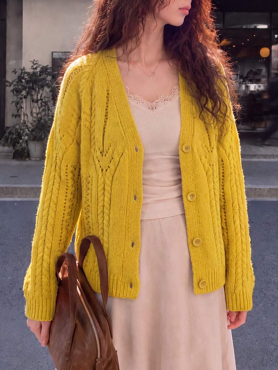 Women's Autumn/Winter Casual Cute Elegant Youthful Soft Delicate Textured V-Neck Cardigan Jacket - Yellow - View 1