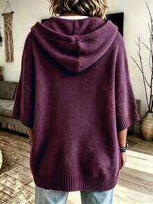 Women's Solid Color Drop Shoulder Drawstring Hooded Loose Casual Sweater - Burgundy - View 3