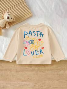 1件女嬰可愛長袖T恤，「PASTA LOVER CLUB」印花，柔軟面料，休閒風格 - 杏色 - 查看 3