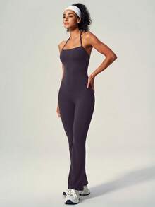 UONNOU Peach Butt-Lifting Flare Leg Jumpsuit, Square Neck Square Neck Backless Yoga Jumpsuit - Purple - View 11