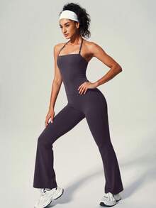 UONNOU Peach Butt-Lifting Flare Leg Jumpsuit, Square Neck Square Neck Backless Yoga Jumpsuit - Purple - View 10