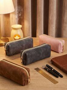 1pc Solid Color PU Leather Pencil Case, Large Capacity Soft Zipper Stationery Organizer & Cosmetic Pouch, Portable Storage Bag For Students, Women, School, Office, Travel & Daily Use, Back To School - Solid Color Style - View 6
