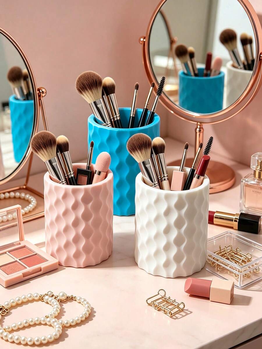 3D Printed Wavy Makeup Brush Holder, Vanity Makeup Brush Pen Holder, Desktop Cosmetic Storage Bucket, 3D Printed One-Piece Molded Large Capacity Cylindrical Design, Easy To Clean, Multi-Purpose, Multi-Scenario - Multicolor - View 1