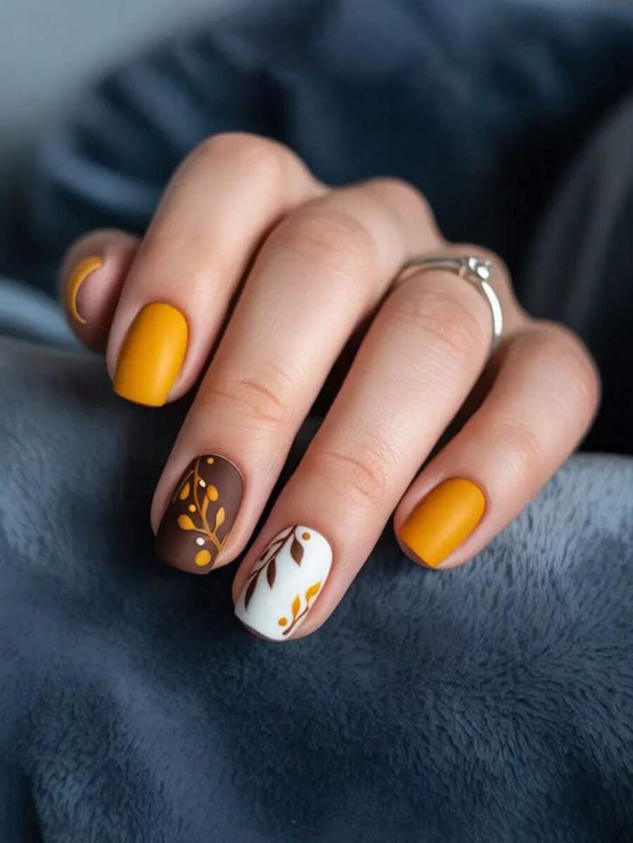 24pcs Full Set Short Square Fake Nails, Autumn/Winter Style Orange Yellow Leaf Pattern Design, Includes 1pc Jelly Glue And 1pc Nail File, Matte Texture Nails Perfect For Autumn/Winter Parties, Dancing And Daily Wear, Removable And Reusable